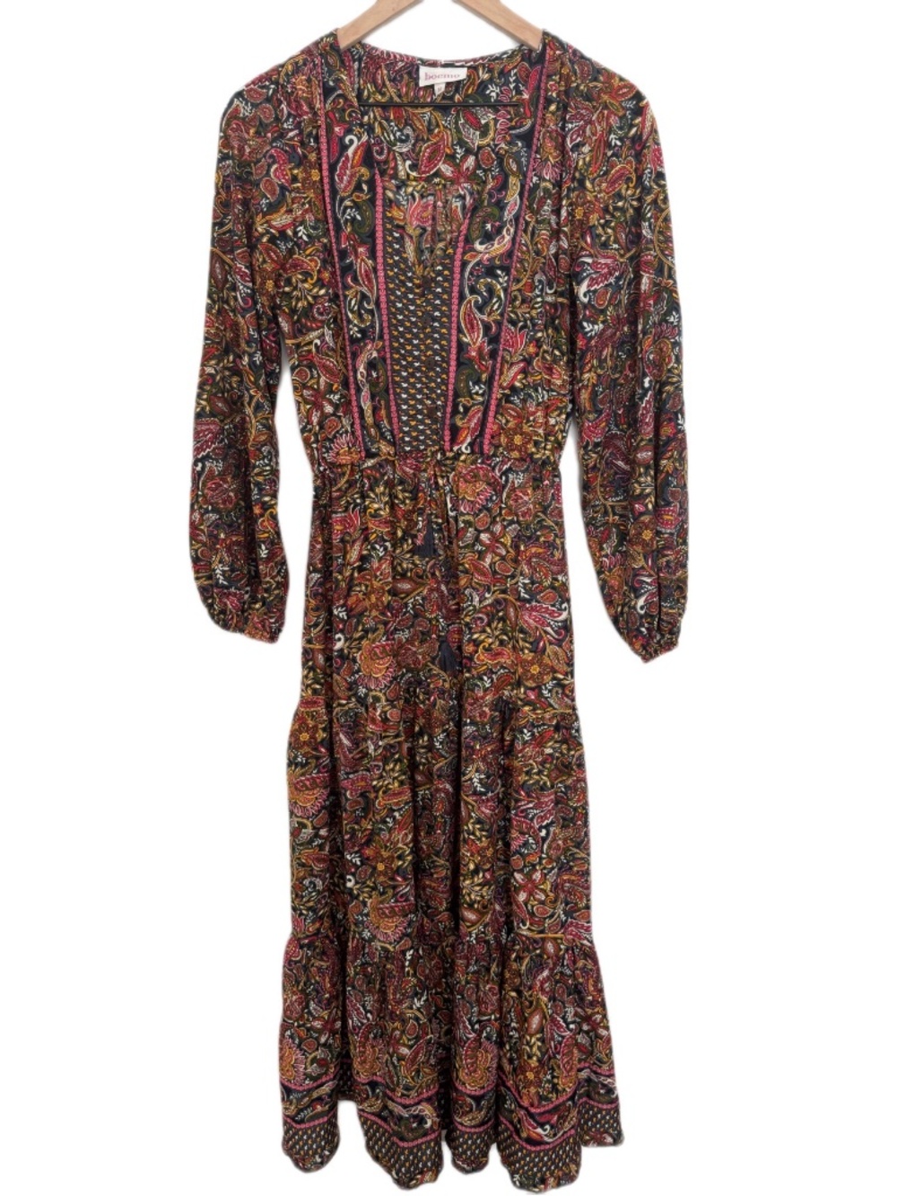 Anthropologie Boemo Boho Paisley Maxi Dress Size M Long Sleeve Tiered - Picture 2 of 10